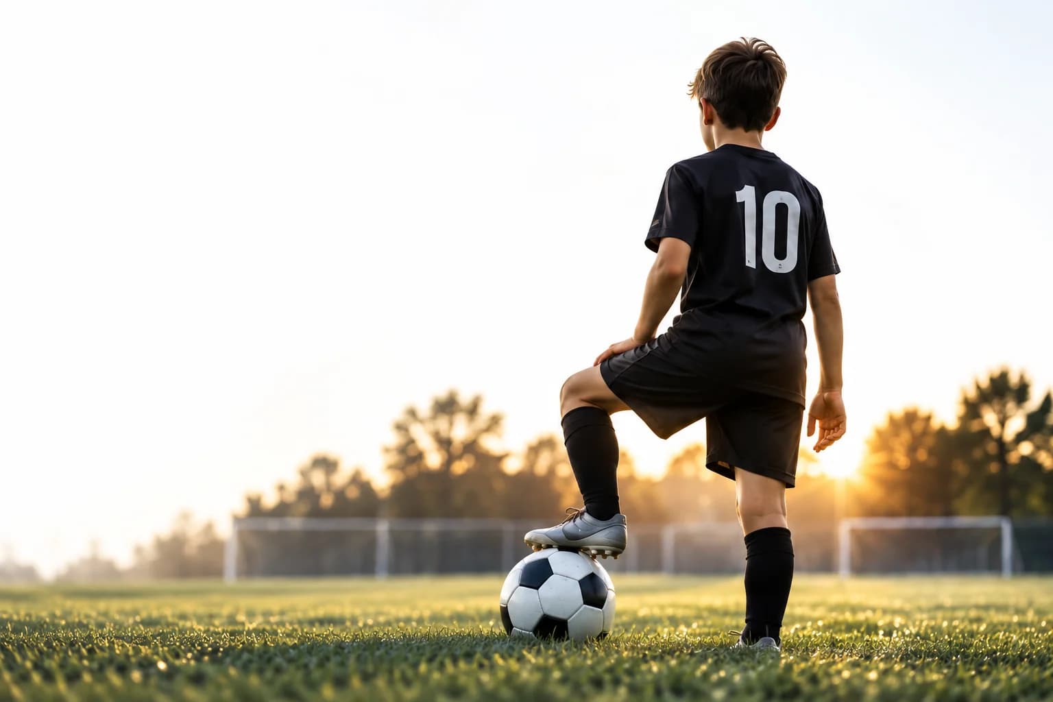 Player standing with one foot on a soccer ball at golden hour
